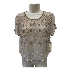 ⭐️ FOREVER 21 - SHEER JEWELED TAN BEIGE GOLD BLOUSE - NWT SIZE L - GATSBY ⭐️
